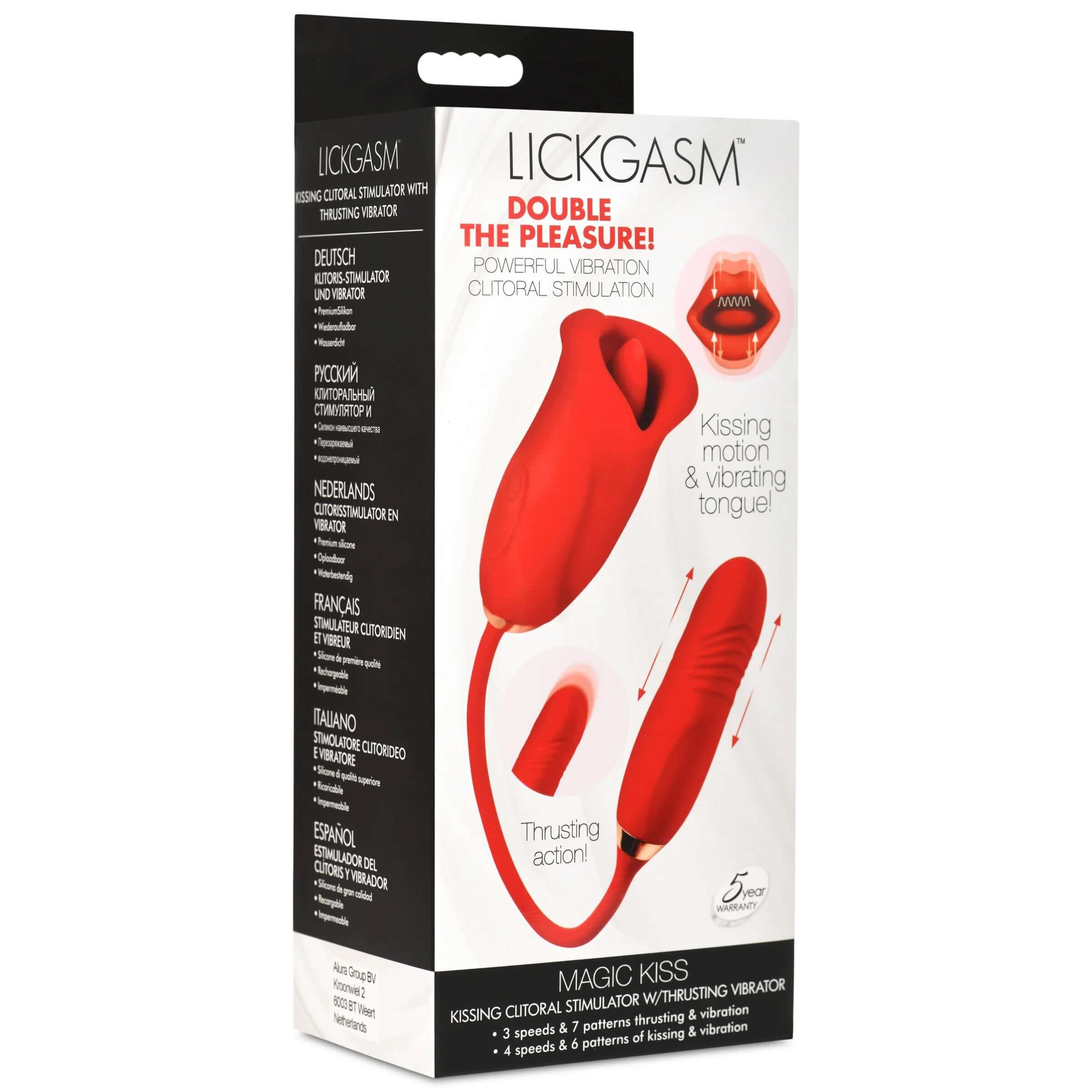 Magic Kiss Kissing Clitoral Stimulator With Thrusting Vibrator in Red in packaging with double the pleasure vibration and thrusting actions.