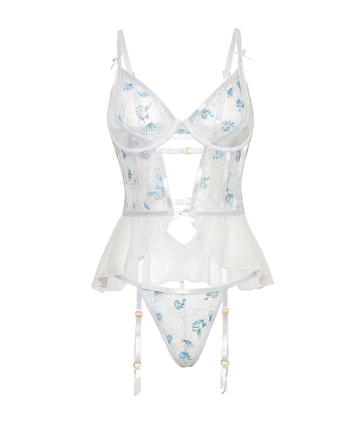 Oh La La Cheri Elena Floral Embroidered Bustier & Panty White SM lingerie set with floral embroidery and sheer mesh.