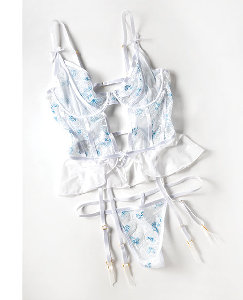 Oh La La Cheri Elena Floral Embroidered Bustier & Panty White SM, floral lingerie set with sheer mesh and elegant design.