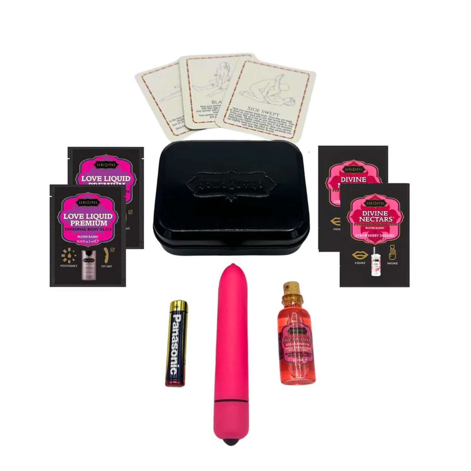 Kama Sutra Weekender Kit with mini vibe, essentials, and cards for travel and spontaneous fun.
