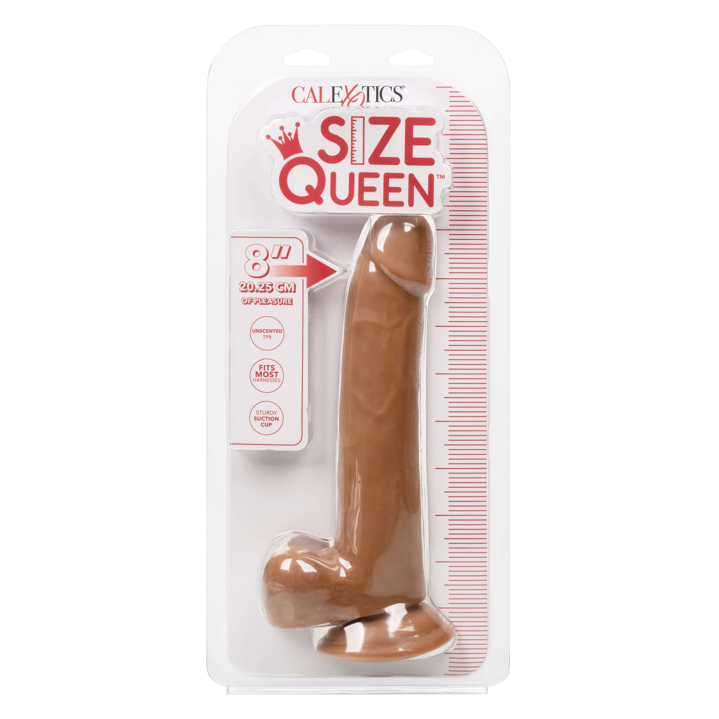 Size Queen Dildo 8 inches Brown in packaging showcasing realistic design and measurement scale.