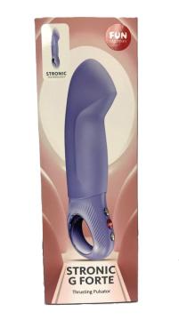 Fun Factory Stronic G Forte Thrusting Pulsator Purple packaging showcasing its design and features.