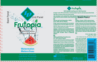 ID Frutopia Natural Flavor Watermelon 3.4 Oz product label featuring watermelon graphic and personal lubricant details.