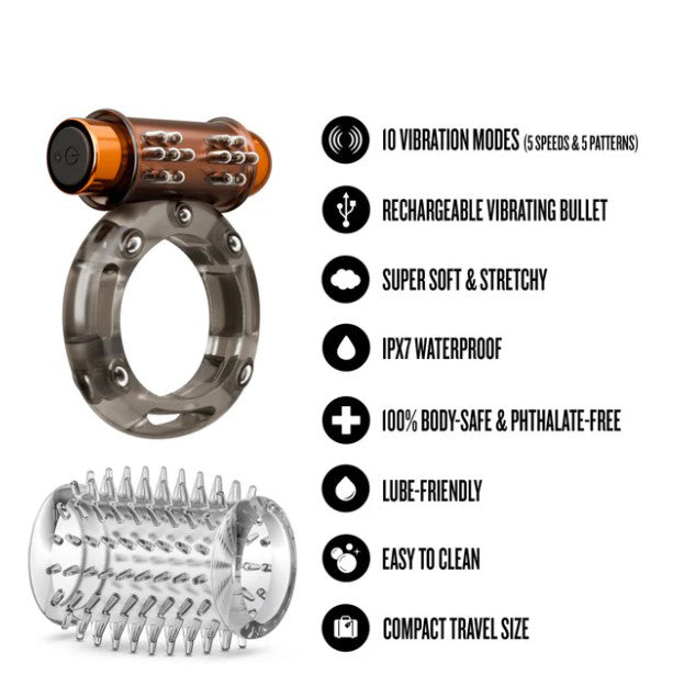 Blush Stay Hard Vibrating Cock Ring Set With Sleeve Textured Sheath features 10 vibration modes, rechargeable bullet, and waterproof design.