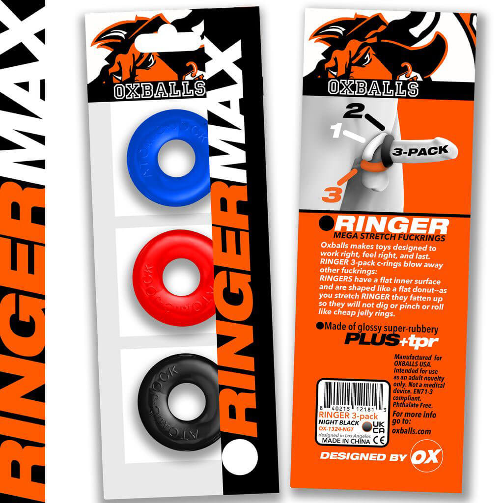Oxballs Ringer Max Cock Ring 3 Pack includes blue, red, and black cock rings for enhanced comfort and support.