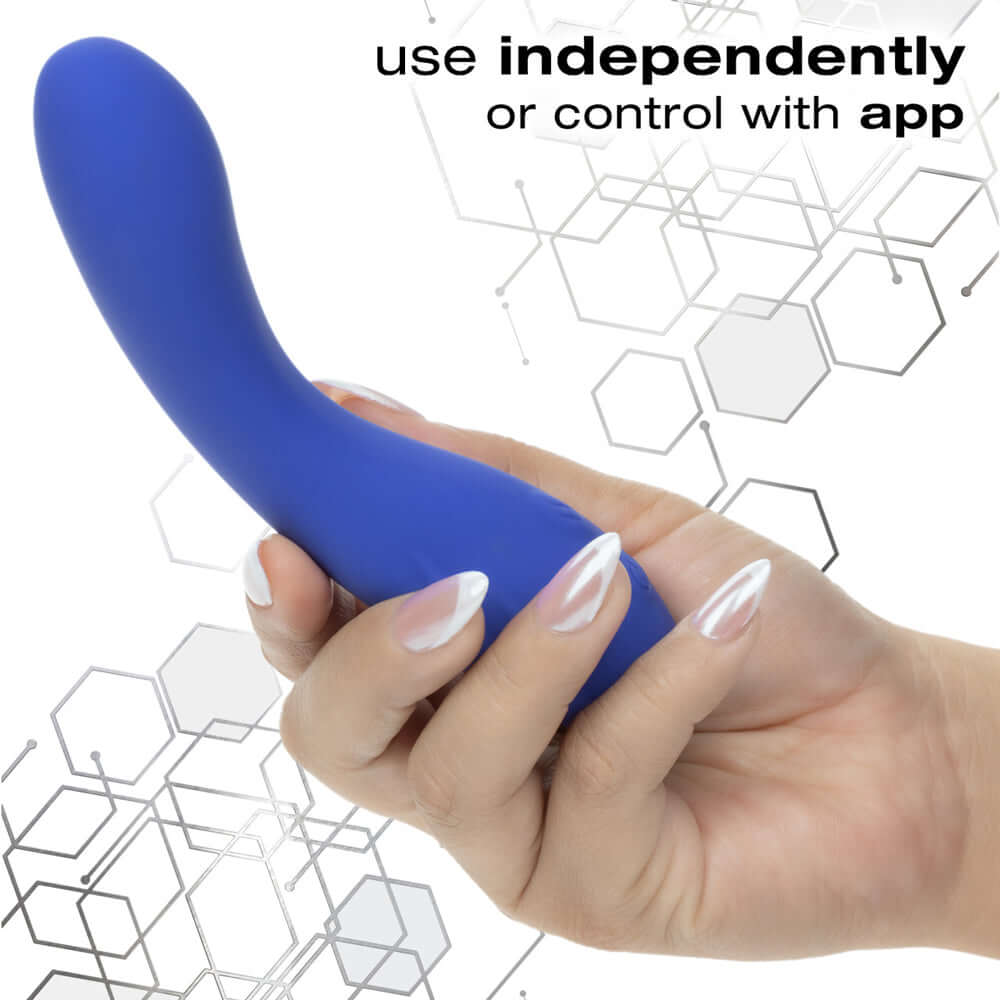 Calexotics Connect Warming Wand Massager Purple held in hand, showcasing ergonomic design and app control features.