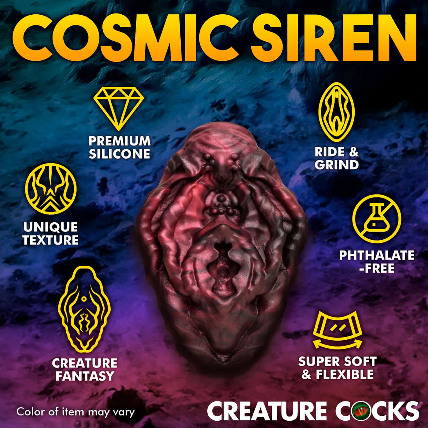 Red and black Xeno Pussy Vulva Silicone Grinder with cosmic theme, showcasing features like premium silicone, unique texture, and phthalate-free.