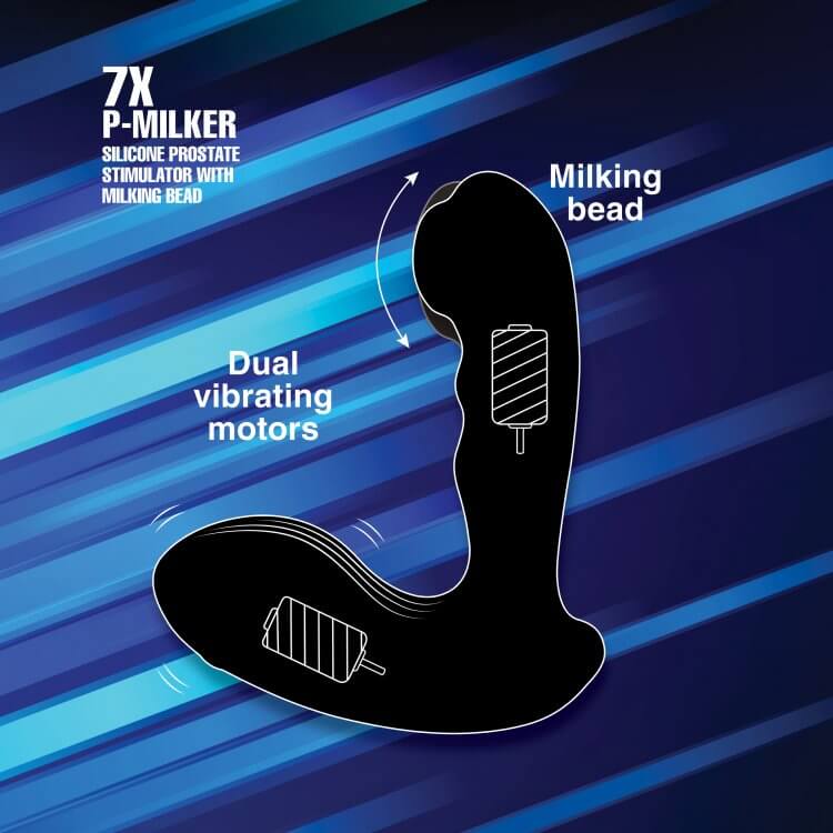 7x P-Milker Silicone Prostate Stimulator With Milking Bead design showcasing dual vibrating motors and milking bead features.