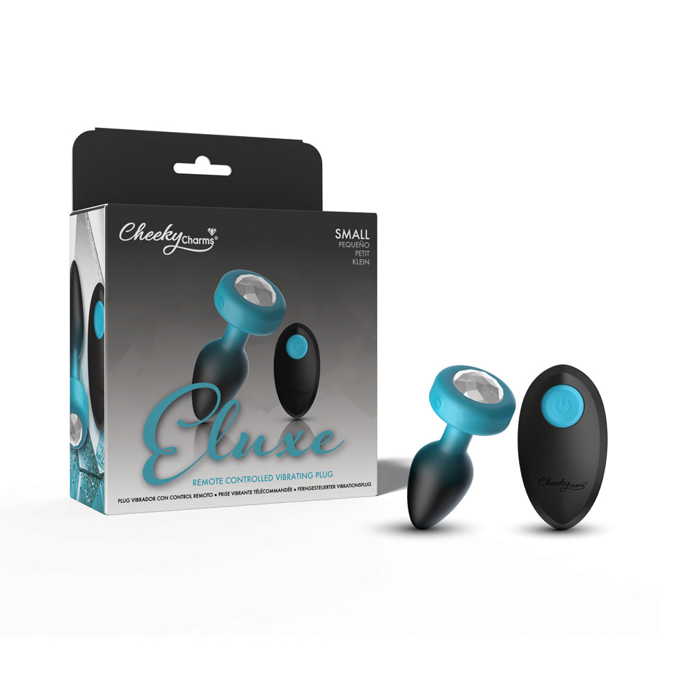 Cheeky Charms Eluxe Vibrating Anal Plug Small Teal with remote control packaging.