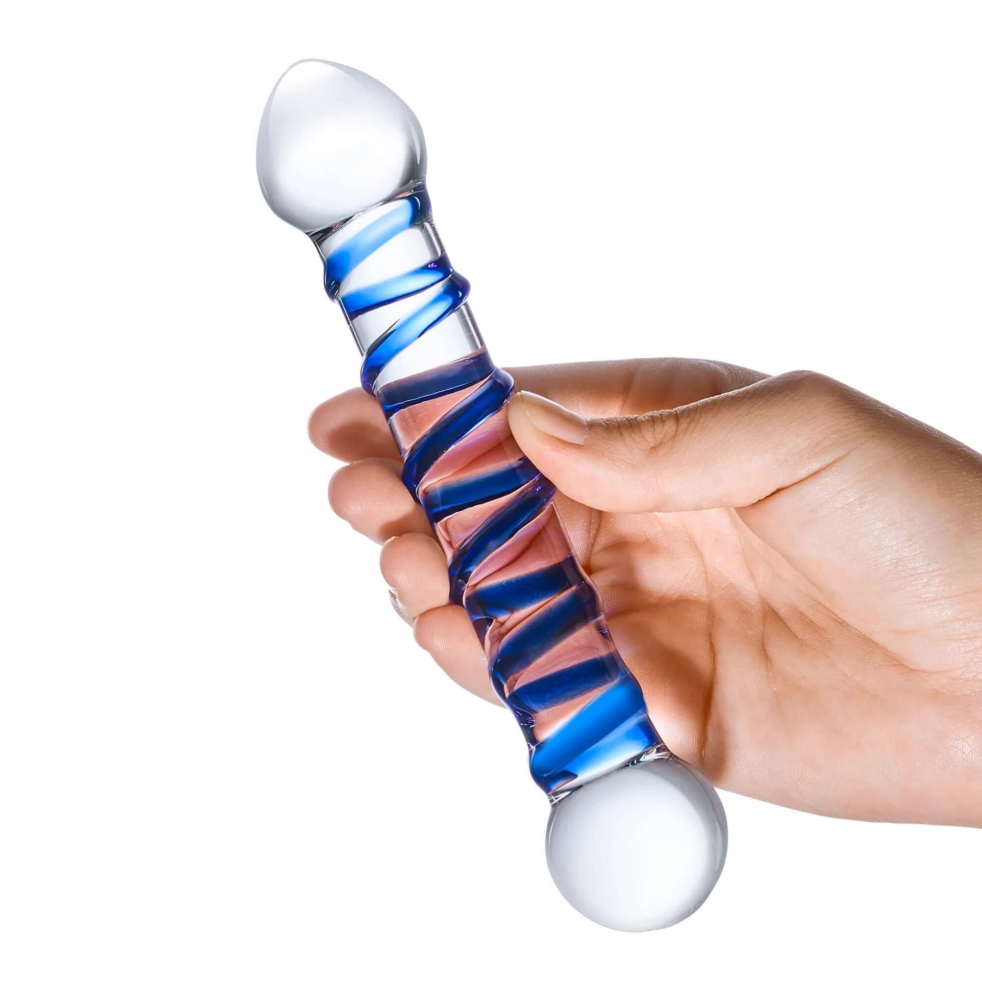 Hand holding 6.5 Inch Spiral Glass Dildo with raised spiral design and smooth teardrop-shaped tip.