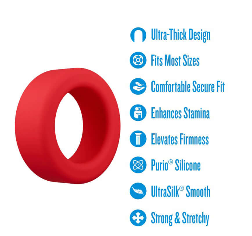 Performance Plus Pursuit Silicone Cock Ring Red with ultra-thick design, comfortable fit, and strong stretchy Purio silicone.