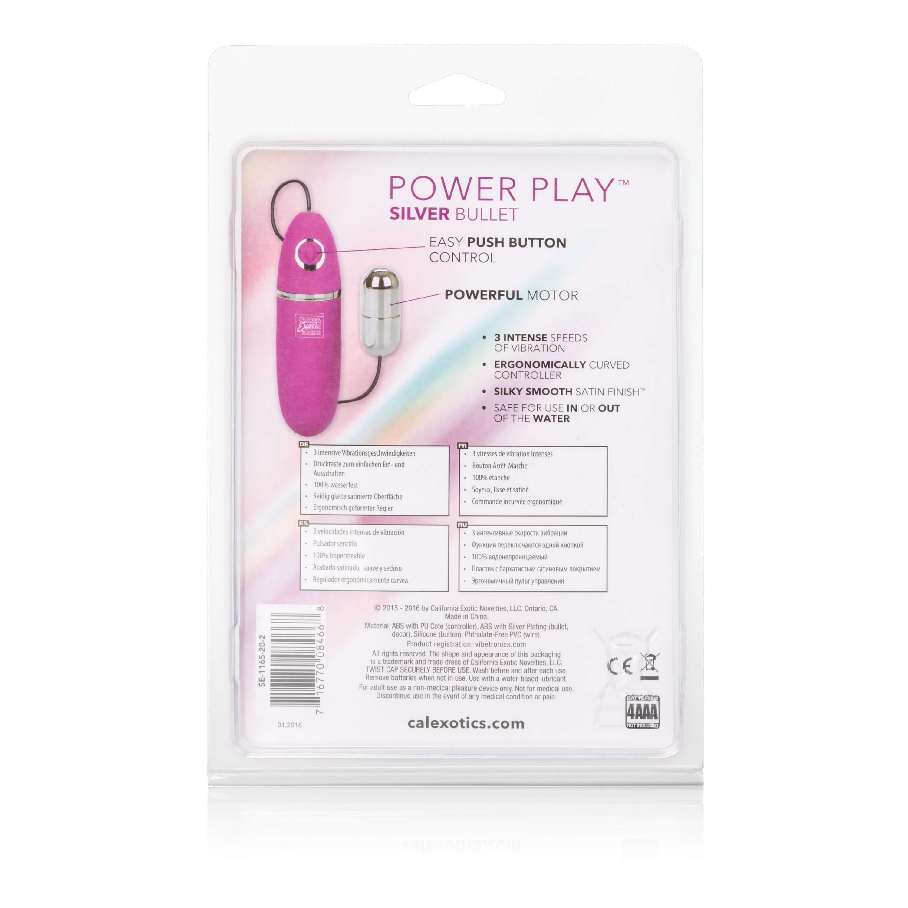 Power Play Silver Bullet Vibrator packaging showcasing easy push button control and powerful motor features.
