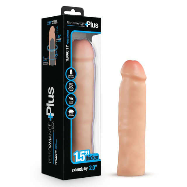 Performance Plus 8.5-inch silicone penis extender in beige with box packaging, enhancing length by 2 inches and girth by 1.5 inches.