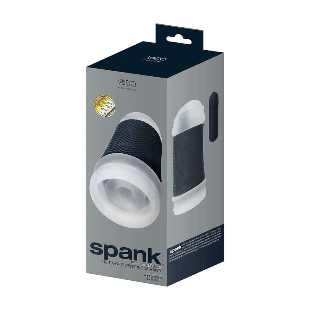Vedo Spank Rechargeable Ultra-Grip Vibrating Stroker packaging showcasing its unique design and features.