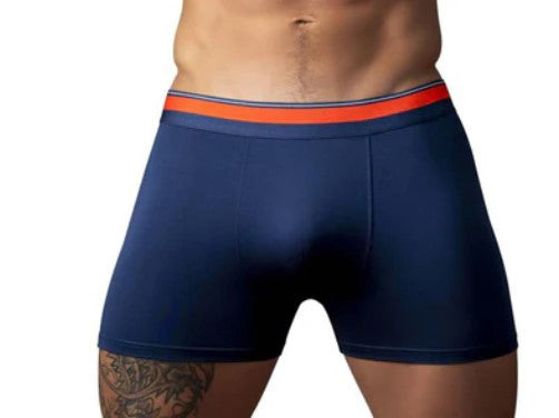 Male Power Soo Cumfy Boxer Brief Large Navy on model showcasing comfort and modern fit.