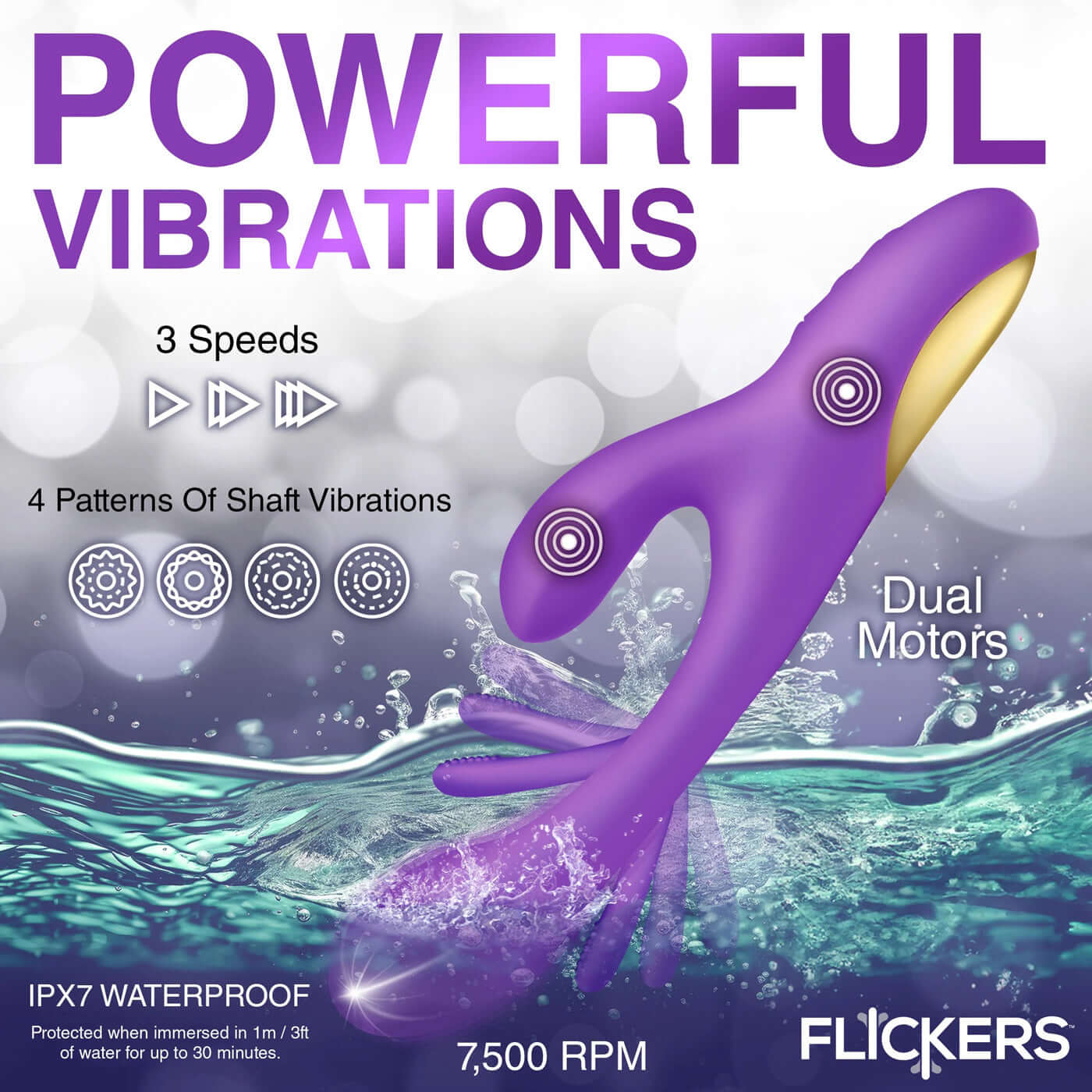 Tri-Flick purple silicone rabbit vibrator with dual motors, showcasing powerful vibrations, 3 speeds, 4 shaft patterns, and IPX7 waterproof rating.