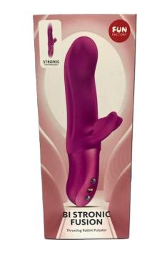 Fun Factory Bi Stronic Fusion Thrusting Rabbit Pulsator Magenta packaging showcasing design and features.