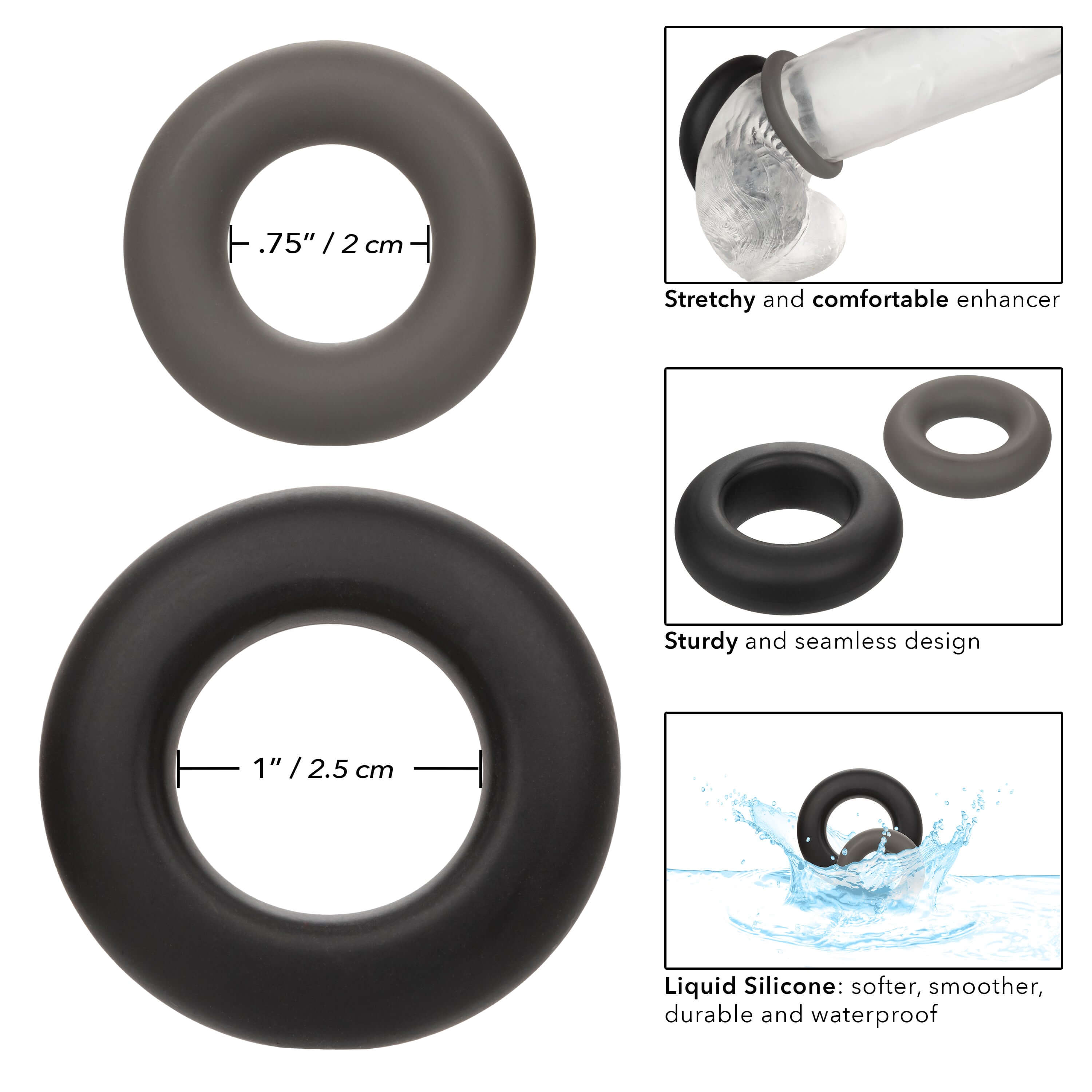 Alpha Liquid Silicone Prolong Set of 2 Black Gray features enhancement rings in black and gray for comfort and performance.
