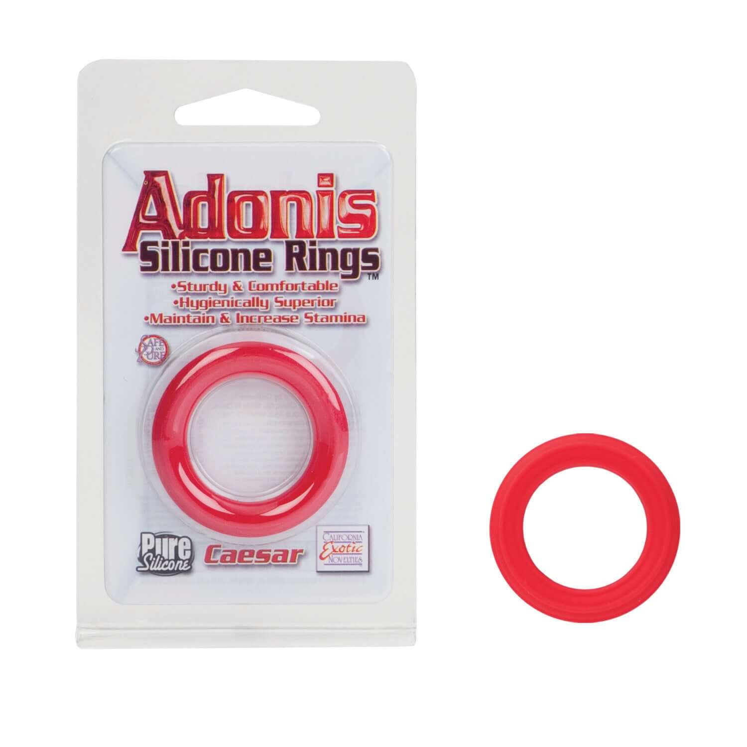 Adonis Caesar Silicone Ring Red in packaging, featuring a sturdy silicone design for comfort and increased stamina.