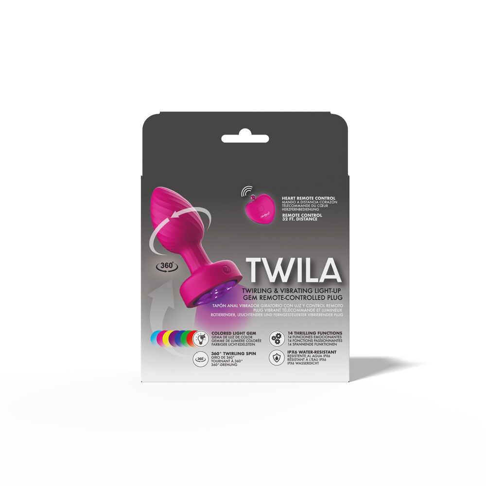 Twila Twirling Purple Gem Light Up Vibrating Plug With Heart Remote in packaging on a white background.
