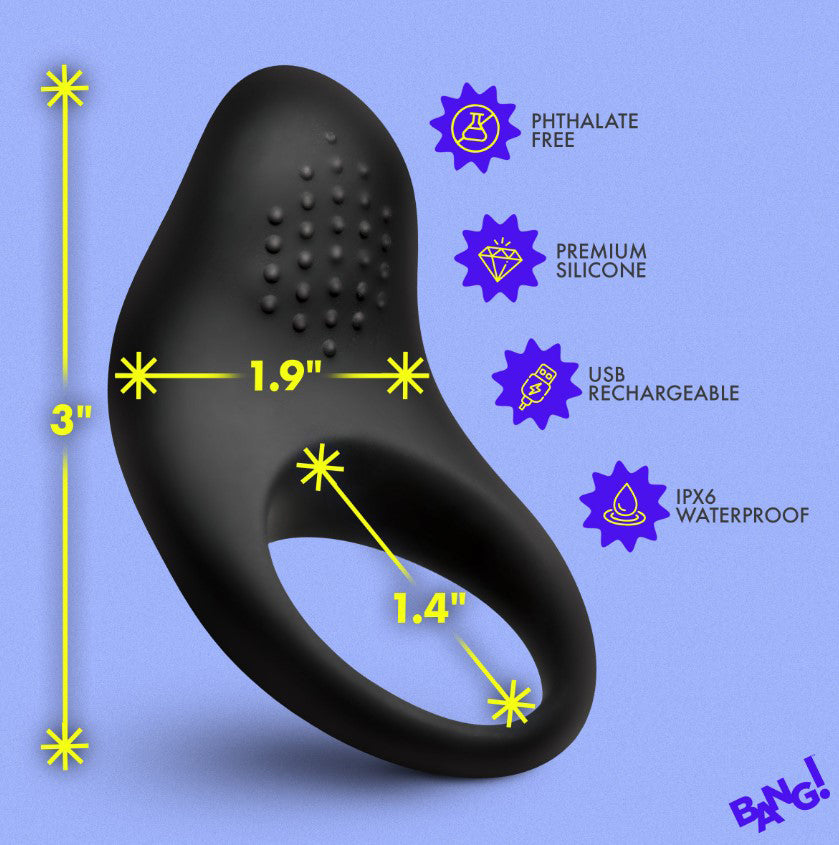 Bang Vibrating Silicone Cock Ring Black showcasing dimensions and features like USB rechargeable and IPX6 waterproof.
