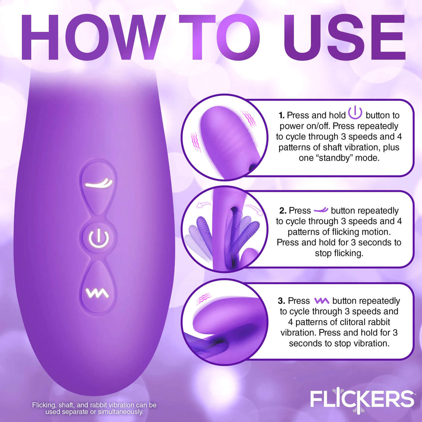 Instructions on how to use the Tri-Flick Flicking Silicone Rabbit Vibrator showing power, flicking motion, and vibration control buttons.