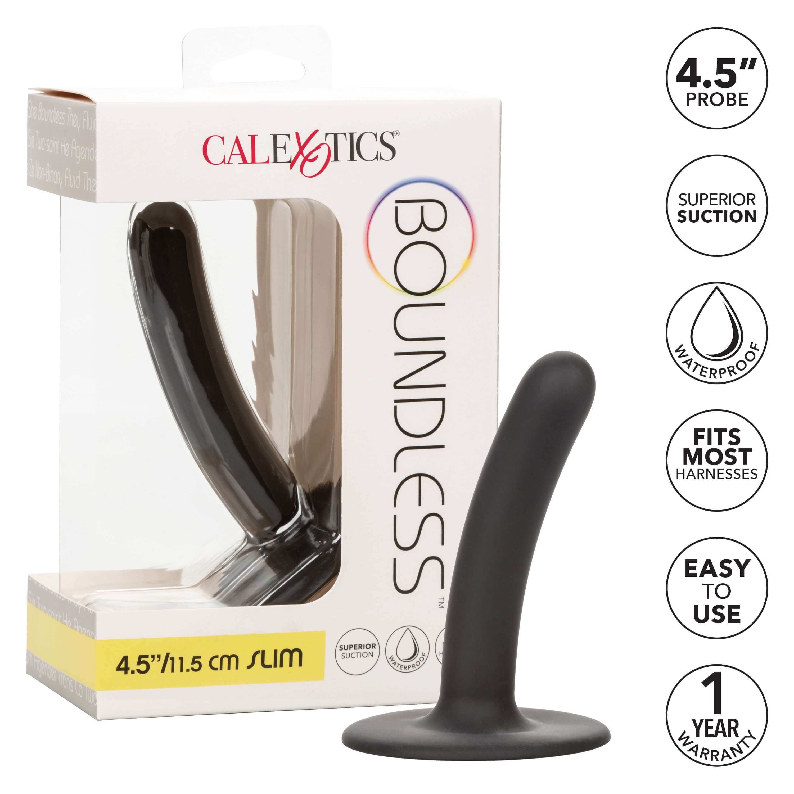 Boundless Slim Probe Dildo 4.5 Inch Black packaging showing sleek design and features for internal stimulation.