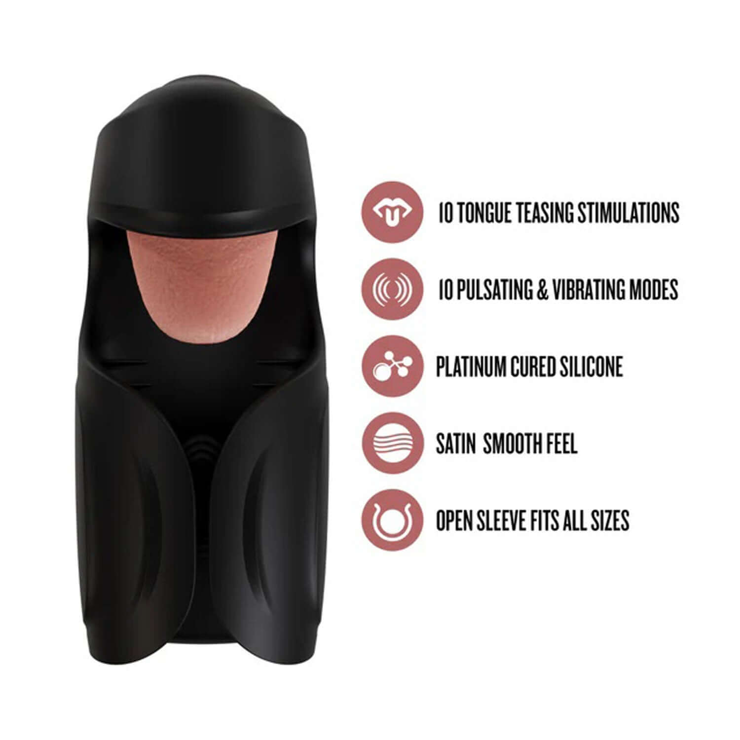 M for Men Lickety Split black vibrator with 10 tongue modes, pulsating vibrations, platinum silicone, satin feel, open sleeve design.