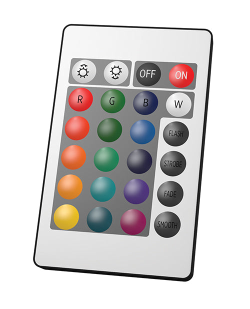 Remote control for customizable lighting effects on the PDX Elite Go-Go Booty LED Mega Masturbator Frosted.
