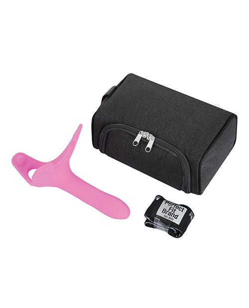Perfect Fit Zoro 5.5 inch Strap On with Case Pink displayed beside a travel case and strap.