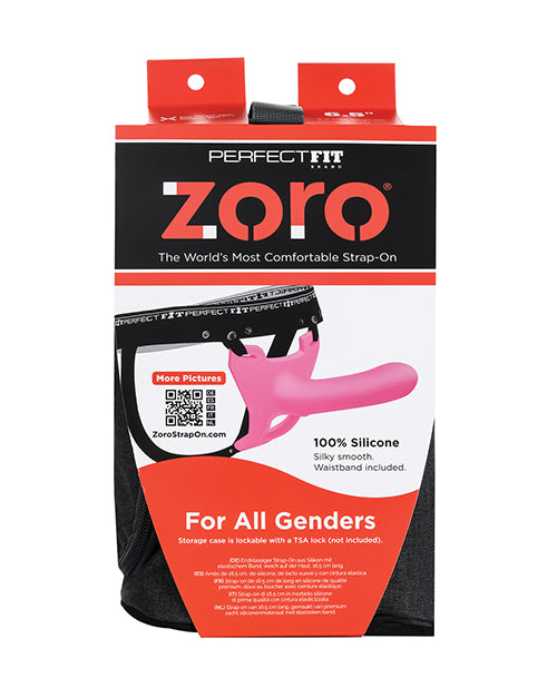 Perfect Fit Zoro 5.5 inch Strap On with Case Pink packaging showcasing silicone design and storage features.