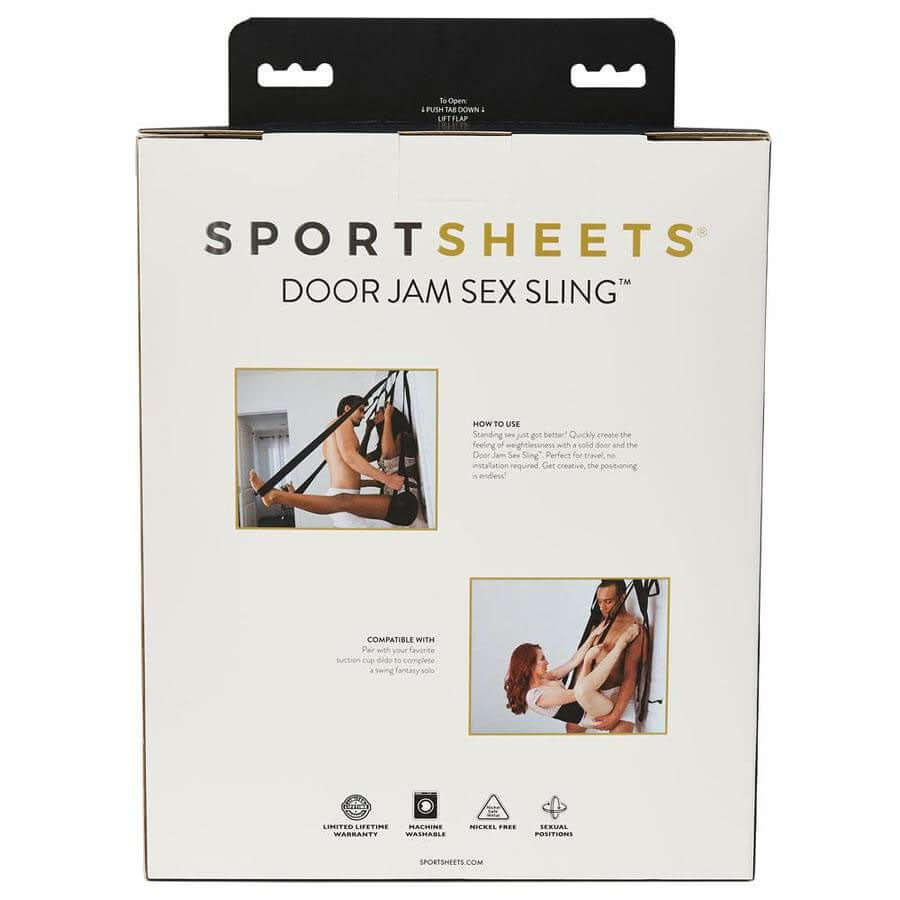 Back packaging of Sportsheets Door Jam Sex Sling showing usage instructions and images.