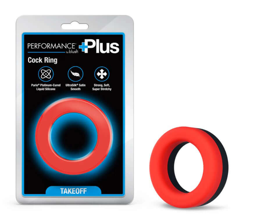 Performance Plus Takeoff Silicone Cock Ring Red Black packaging and product displayed.
