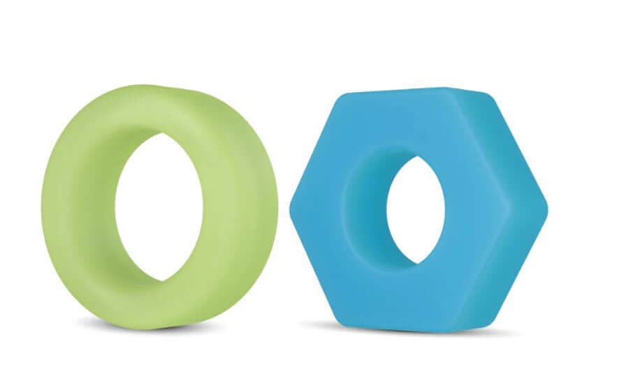 Performance Plus Flash Silicone Glow in the Dark Cock Ring Set featuring a green ring and blue hexagon-shaped ring.