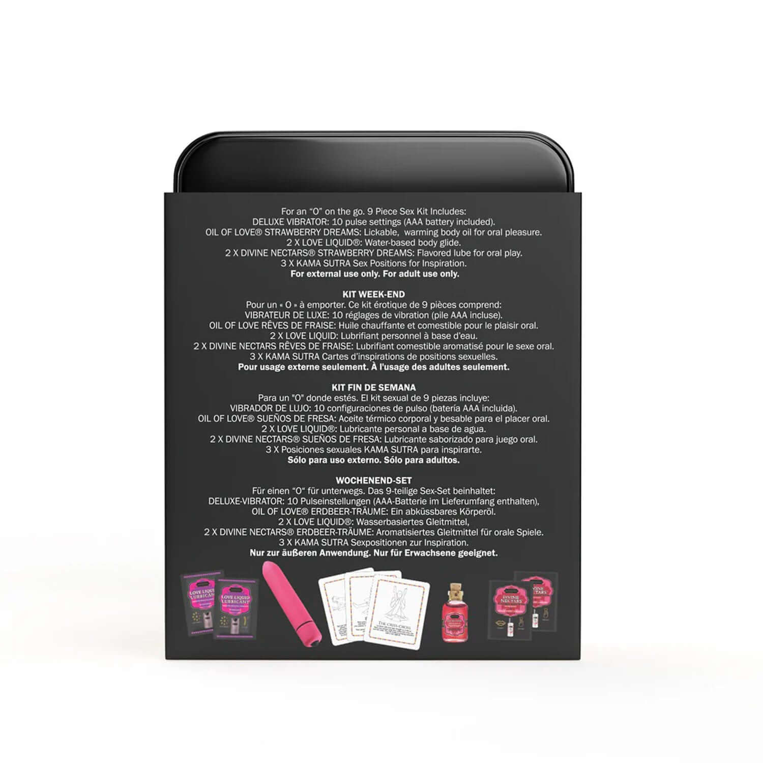 Kama Sutra Weekender Kit packaging with product details and images of contents, including a mini vibe and travel-sized essentials.