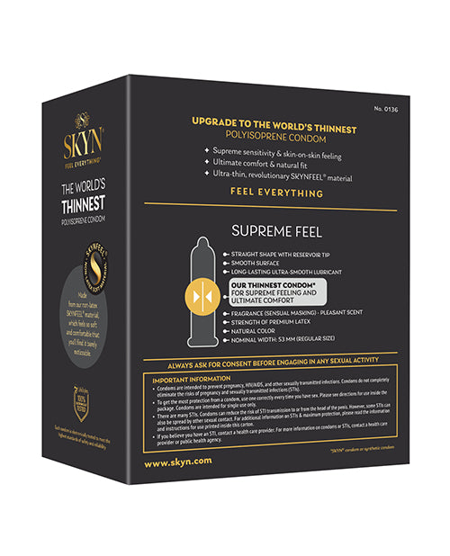 Lifestyles SKYN Supreme Feel Condoms Pack of 30 box showcasing ultra-thin, non-latex condoms for enhanced sensitivity.
