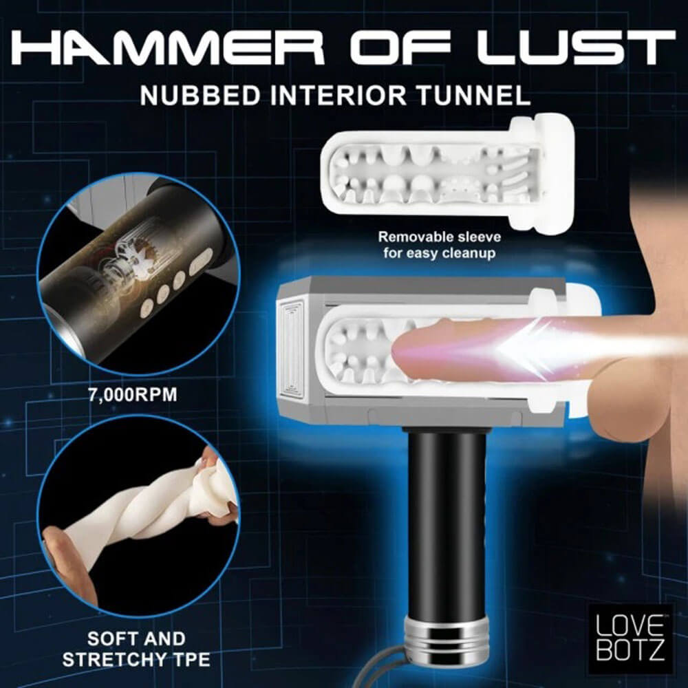 Hammer of Lust nubbed interior tunnel with removable sleeve for easy cleanup and soft, stretchy TPE material.