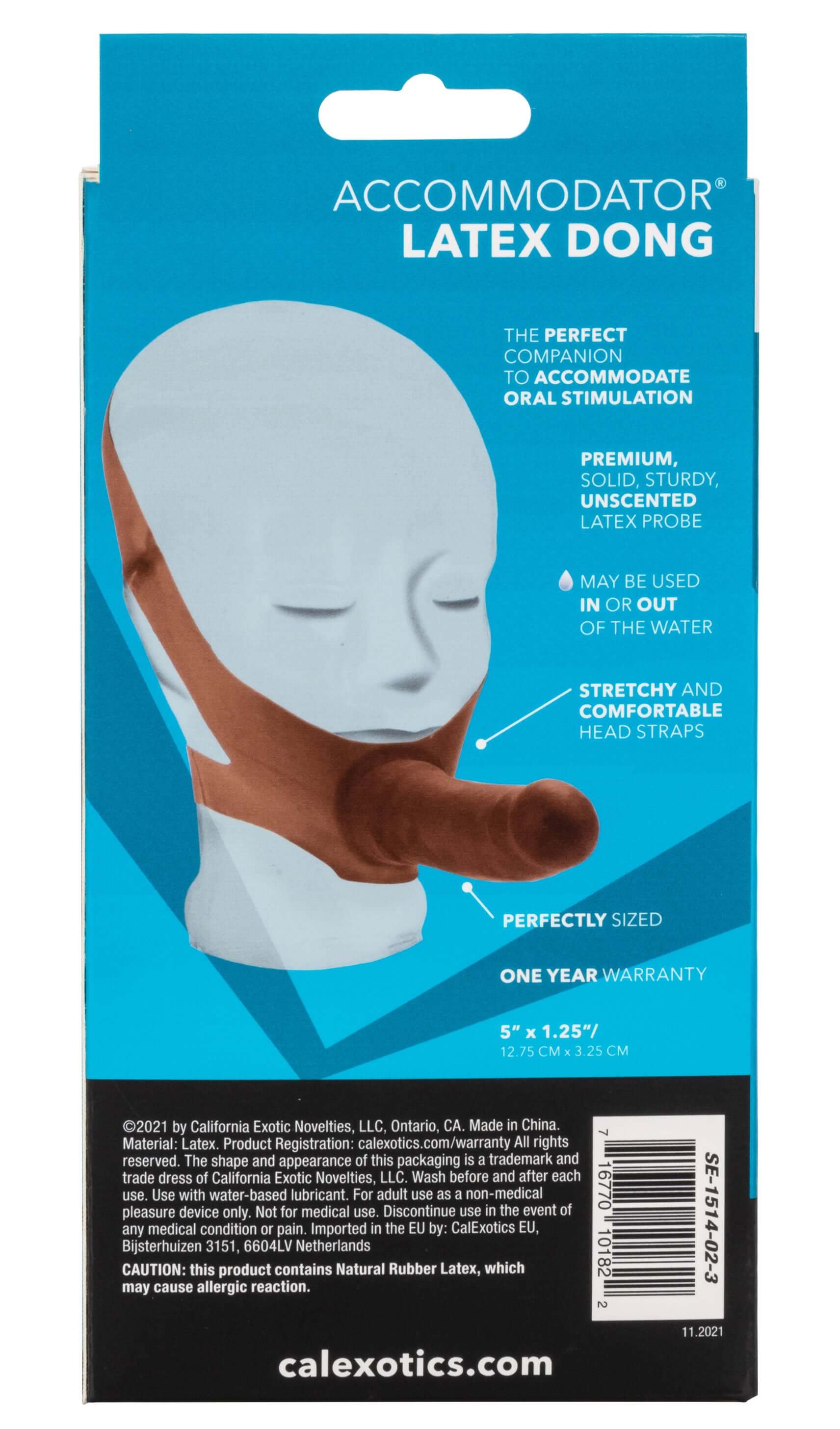 The Original Accommodator Latex Dong Brown packaging showcasing its features and design for intimate pleasure.