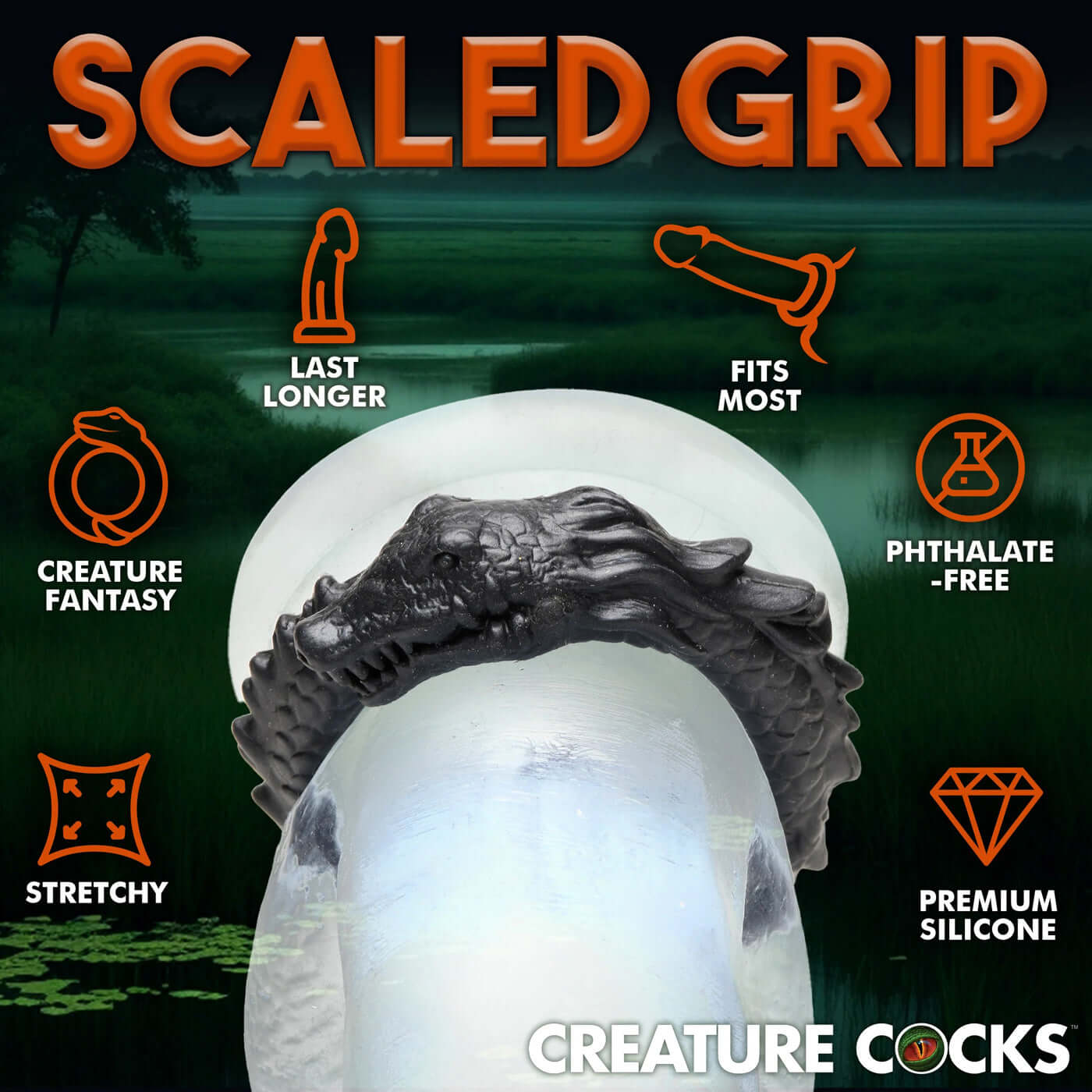 Black Caiman Silicone Cock Ring with Scaled Grip, phthalate-free and stretchy for creature fantasy, shown on display.