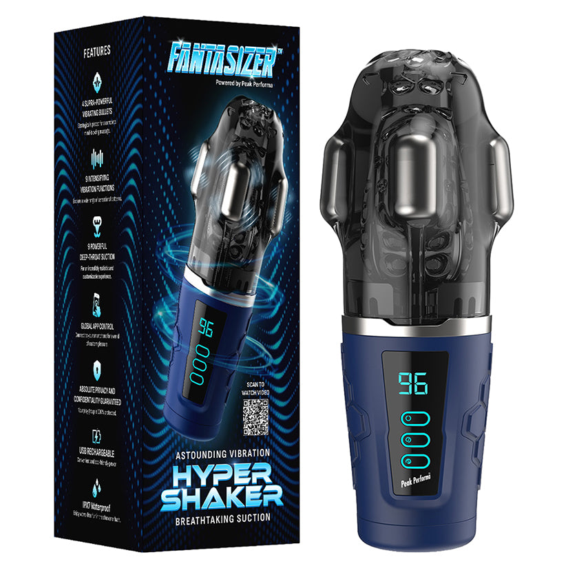 Peak Performa Hypershaker Fantasizer Blue Masturbator with box showcasing features and design.