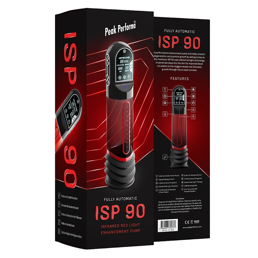 Peak Performa ISP 90 Infrared Red Light Therapy Pump Red packaging featuring automatic enhancement pump details.