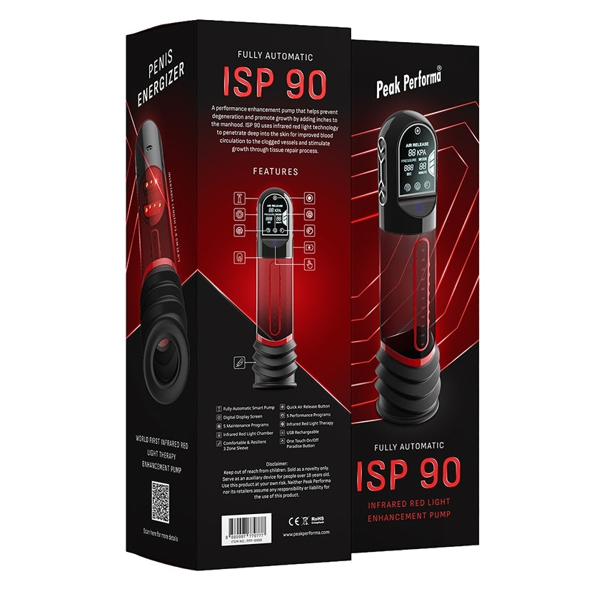 Peak Performa ISP 90 Infrared Red Light Therapy Pump Red packaging showcasing features and design.