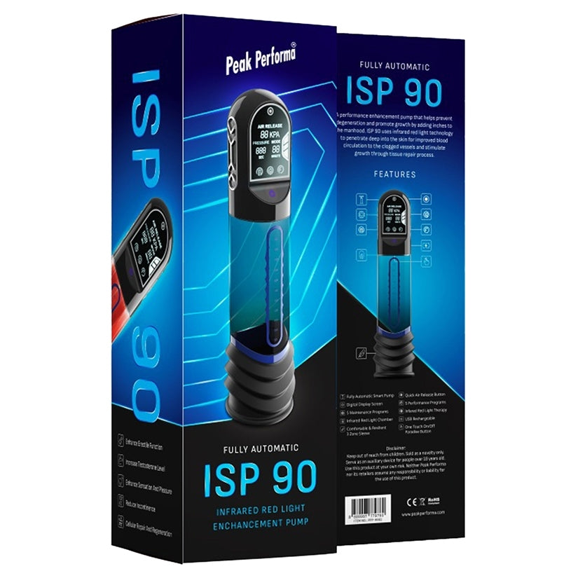 Peak Performa ISP 90 Infrared Red Light Therapy Pump Blue packaging with features and technology details.