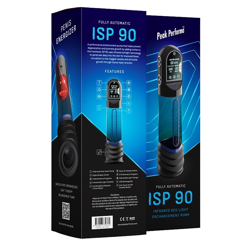 Peak Performa ISP 90 Infrared Red Light Therapy Pump Blue display box featuring features and smart technology.