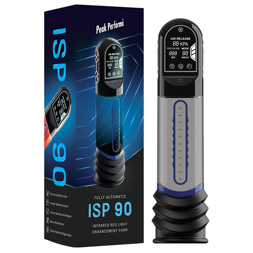 Peak Performa ISP 90 Infrared Red Light Therapy Pump Blue with display and packaging, showcasing features and design.
