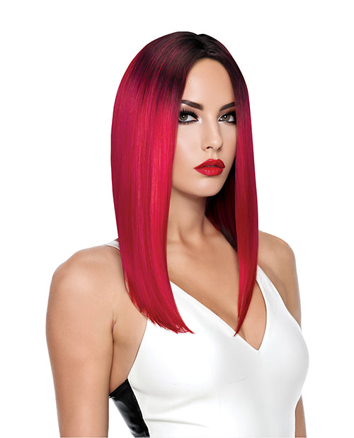 Pleasure Wigs Rose Red Precision Cut Wig shown on a model with sleek style and vibrant color.