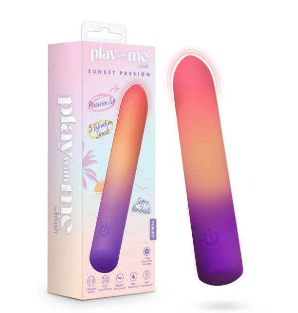 Play With Me Vibrator Sunset Passion sleek design with precision tip and 5 vibration speeds in waterproof packaging.