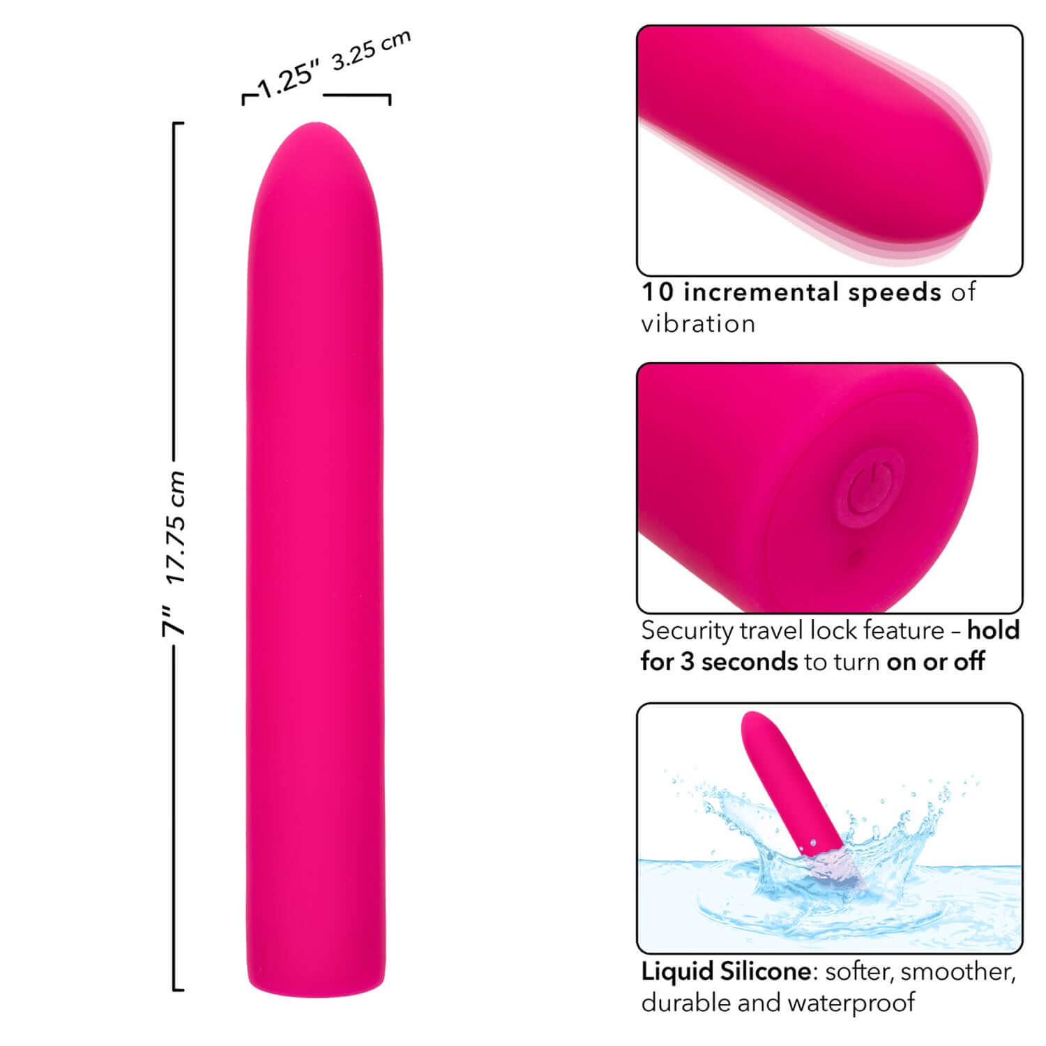 Rechargeable Classic Chic Standard Vibrator in pink, showcasing liquid silicone, 10 vibration speeds, and travel lock feature.
