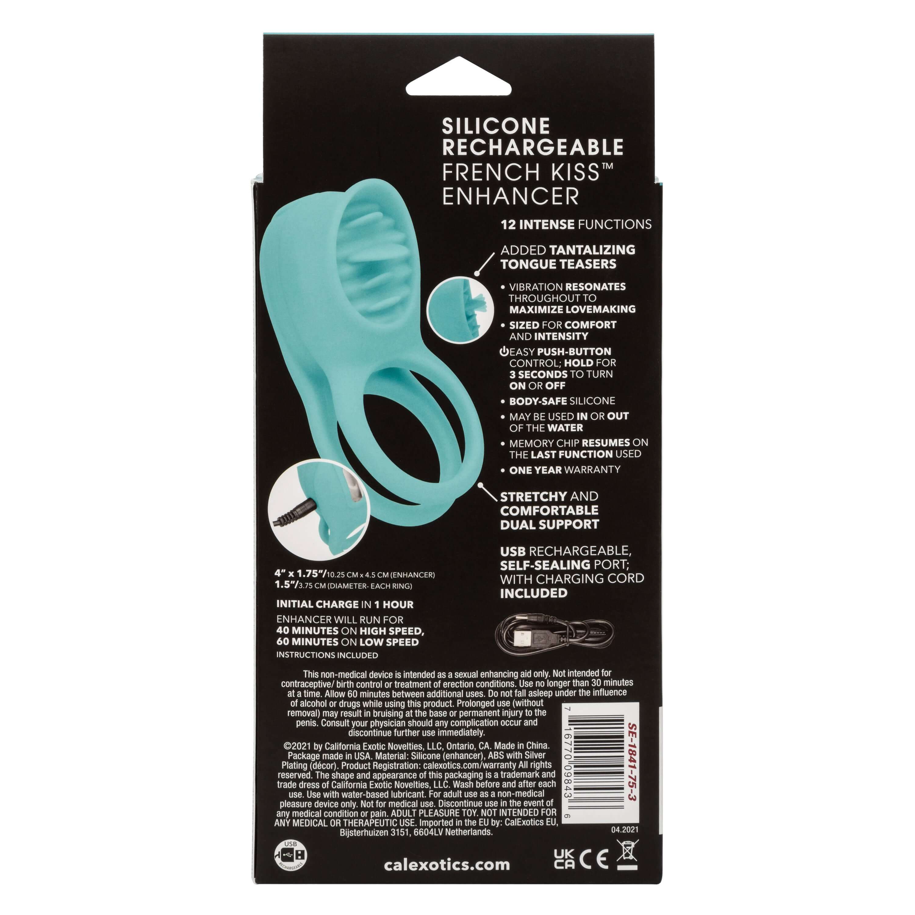 Silicone Rechargeable French Kiss Enhancer back packaging showcasing features and functions for couples' intimacy.