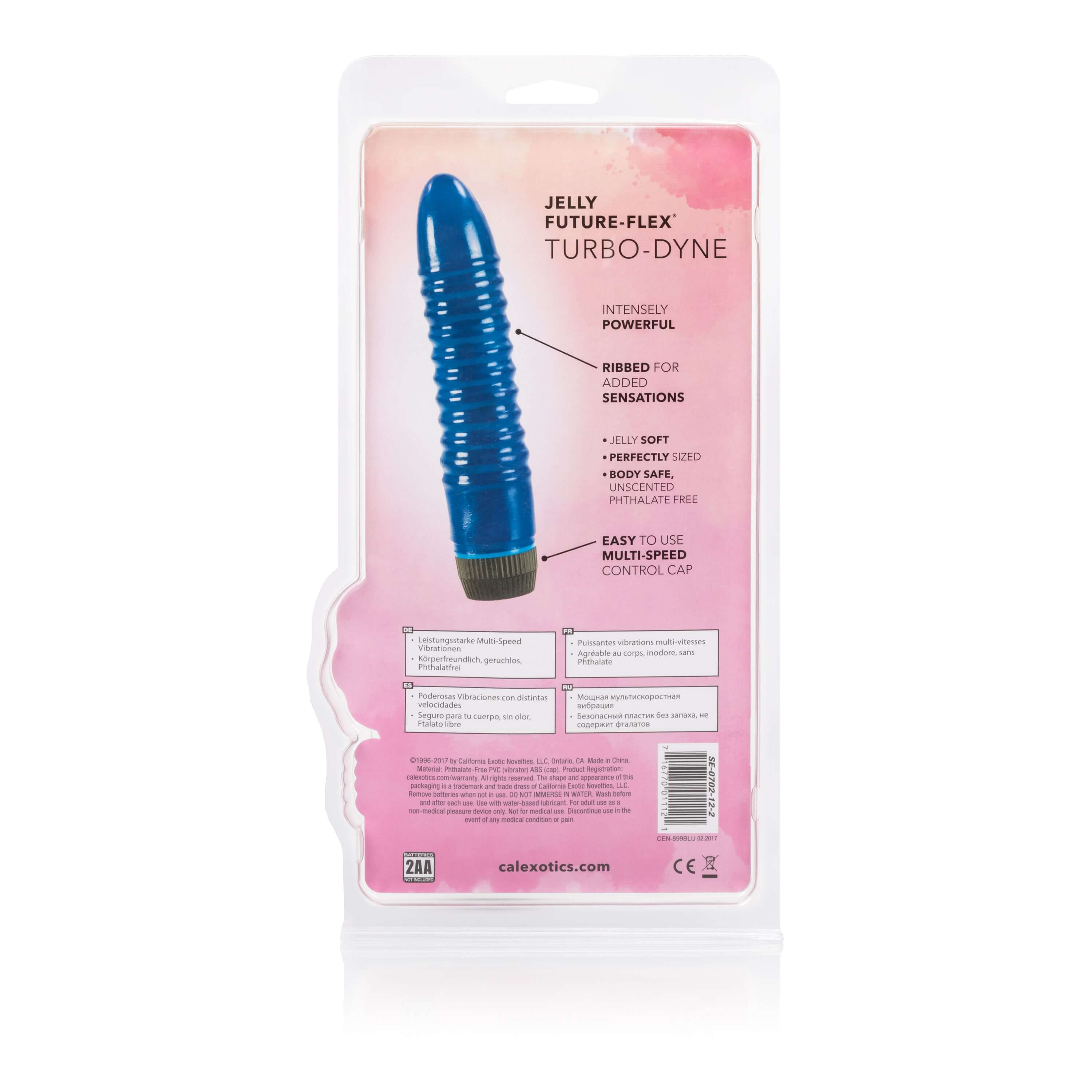 Future Flex Turbo Dyne Jelly Vibrator packaging showing a blue, ribbed design and multi-speed control feature.